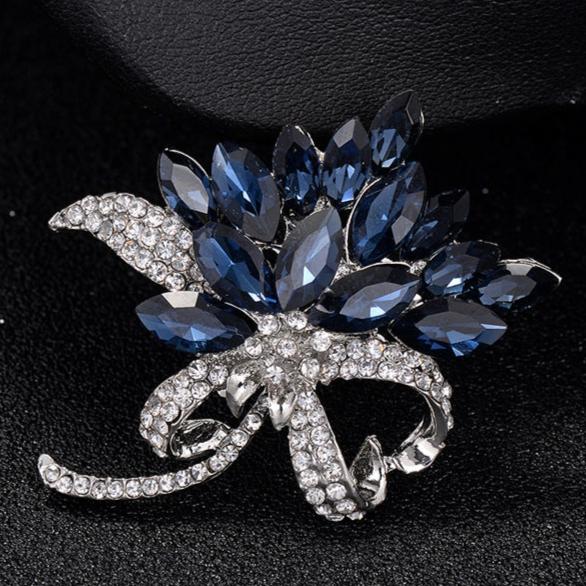 Diamond-Encrusted Blue Flower Brooch