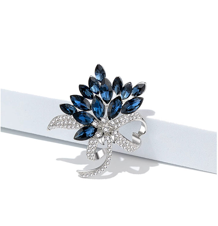 Diamond-Encrusted Blue Flower Brooch