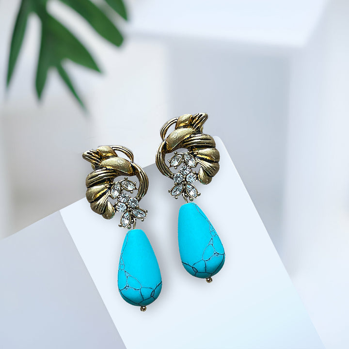 Classic Turquoise Teardrop and Crystal Earring