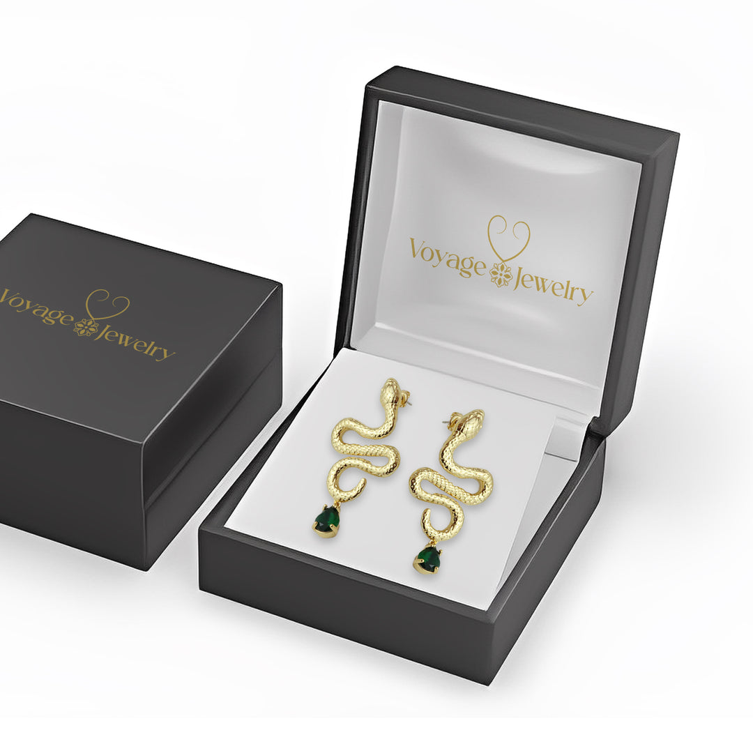 Gold-Plated Serpent Earrings with Green Glass Accents