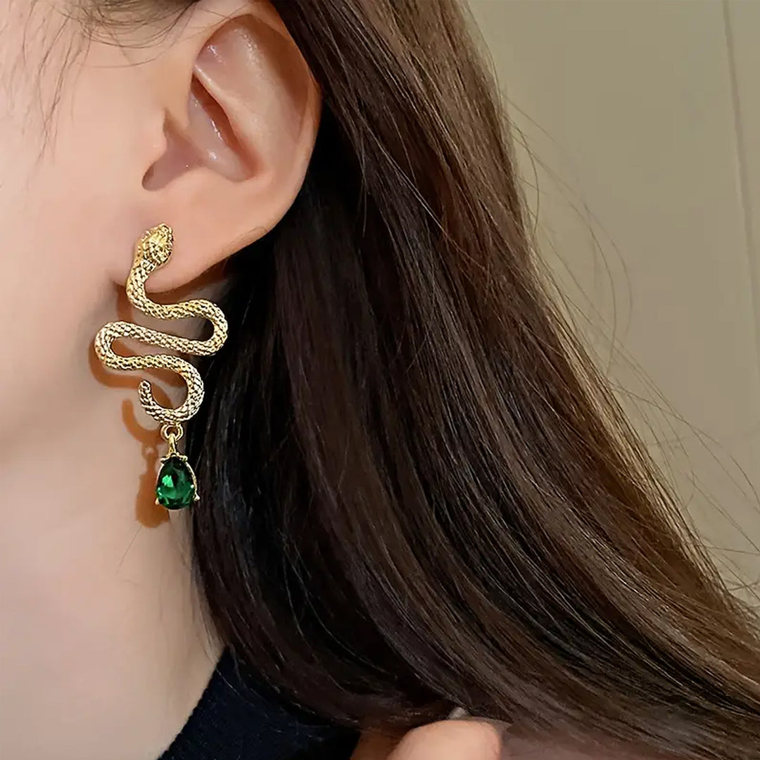 Gold-Plated Serpent Earrings with Green Glass Accents