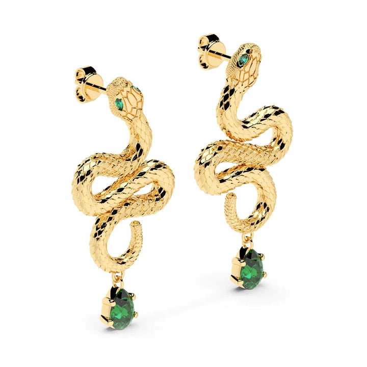 Gold-Plated Serpent Earrings with Green Glass Accents