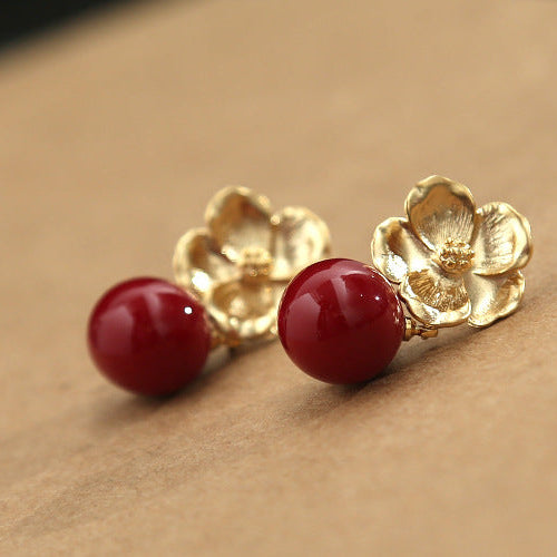 Crimson Carnelian Gold-Plated Flower Earrings