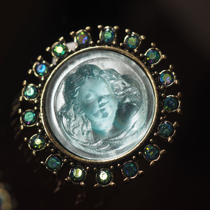 Vintage Cameo Cherub Clip-On Earrings — Aqua Glass & AB Crystal | Voyage Jewelry