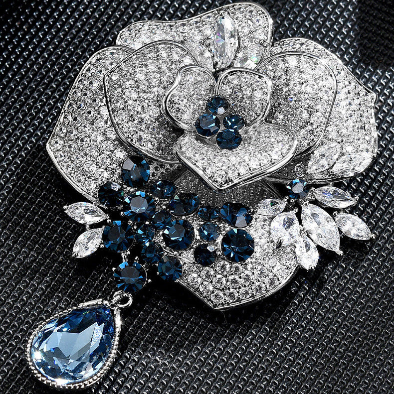 Rose Blue Crystal Tassel Brooch