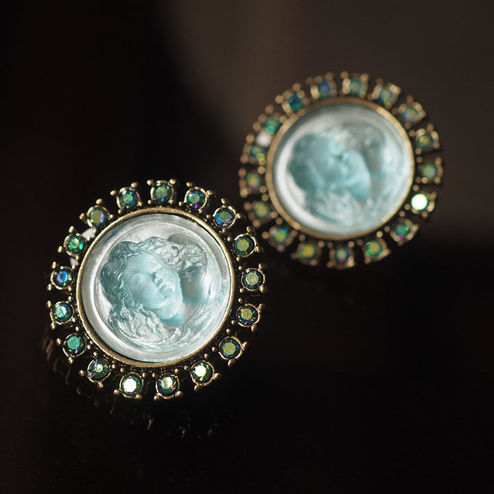 Vintage Cameo Cherub Clip-On Earrings — Aqua Glass & AB Crystal | Voyage Jewelry
