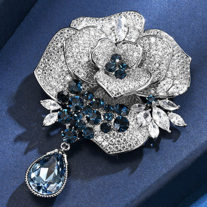 Rose Blue Crystal Tassel Brooch