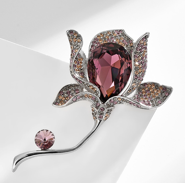 Red Austrian crystal tulip brooch with silver-tone pavé CZ petals