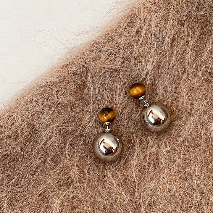 Tiger's Eye Metal Sphere Stud Earrings