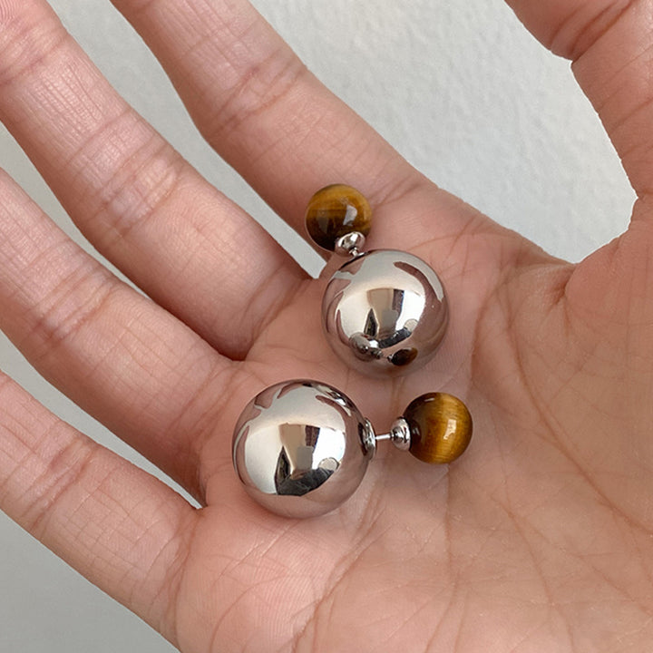 Tiger's Eye Metal Sphere Stud Earrings