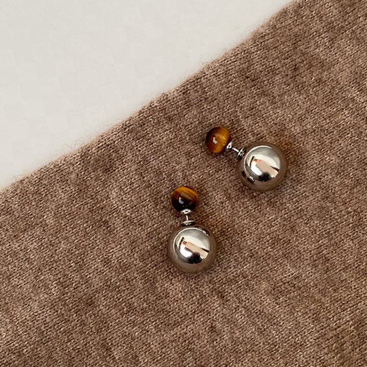 Tiger's Eye Metal Sphere Stud Earrings