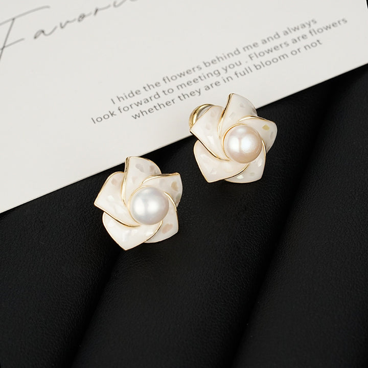 White Pearl and Gold Magnolia Earrings