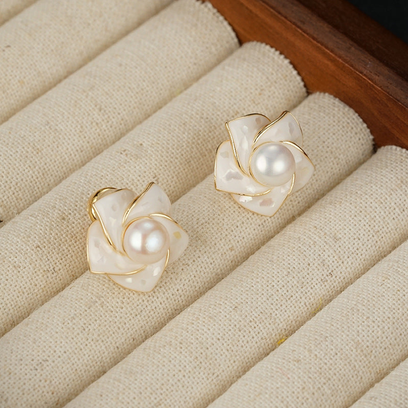 White Pearl and Gold Magnolia Earrings