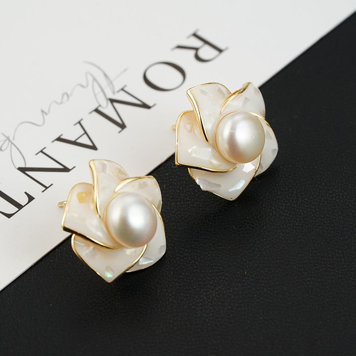 White Pearl and Gold Magnolia Earrings