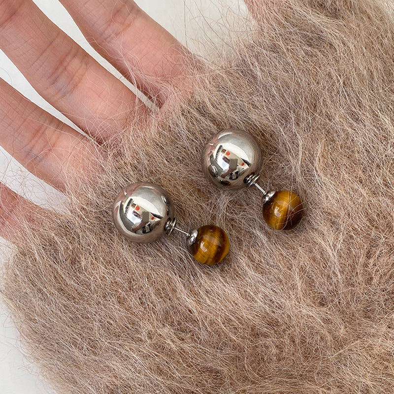 Tiger's Eye Metal Sphere Stud Earrings