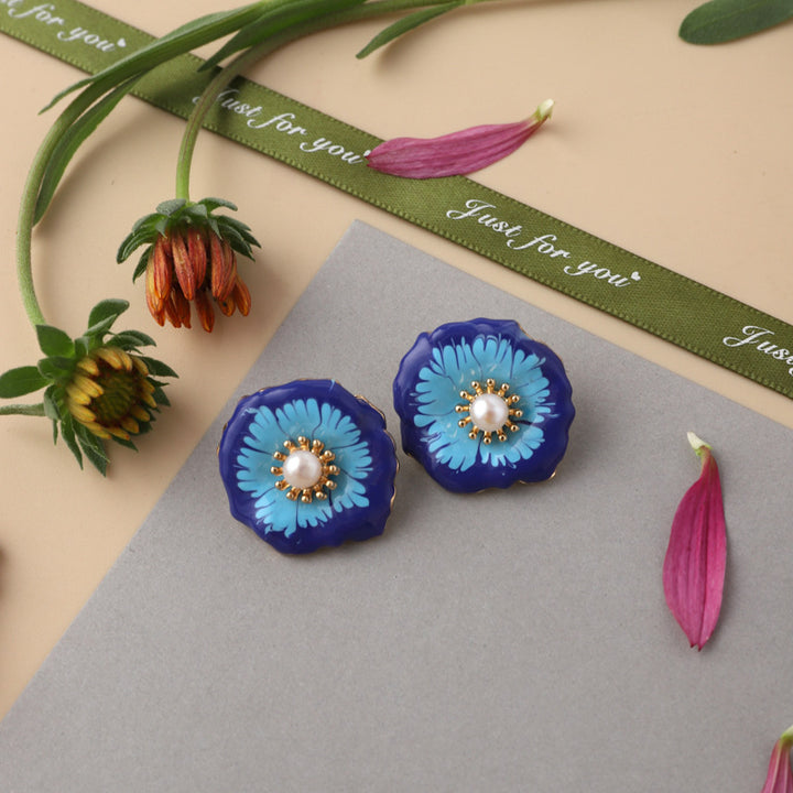 Blue Enamel Pearl Camellia Earrings