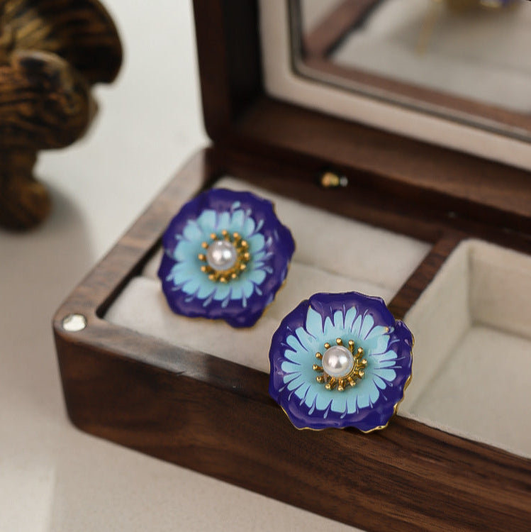 Blue Enamel Pearl Camellia Earrings