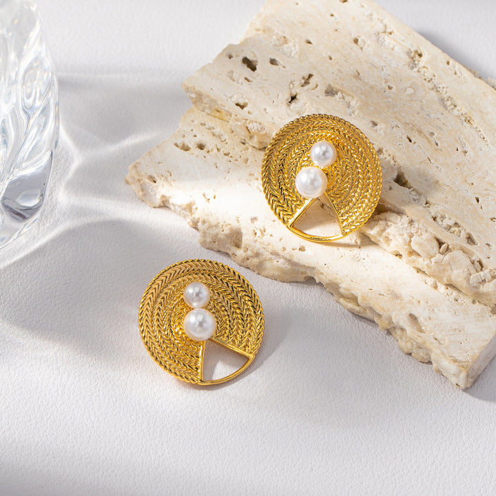 Straw Hat Gold-Plated Double Pearl Earrings