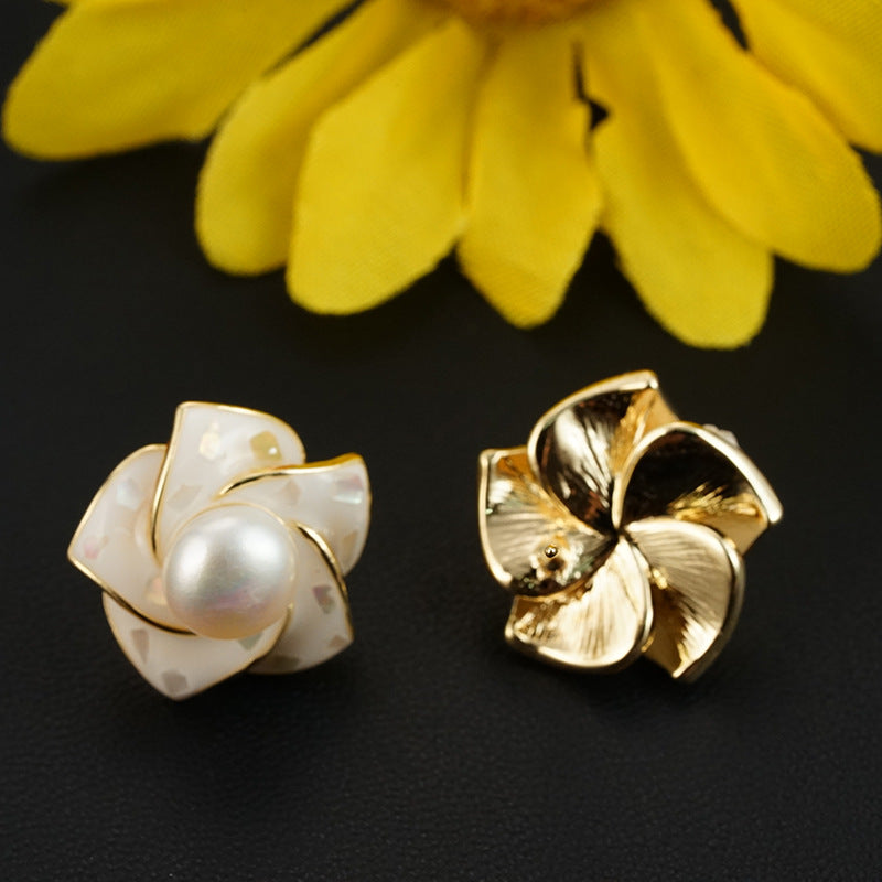 White Pearl and Gold Magnolia Earrings