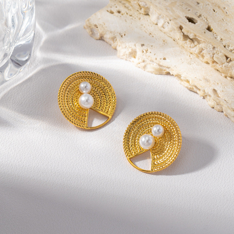 Straw Hat Gold-Plated Double Pearl Earrings