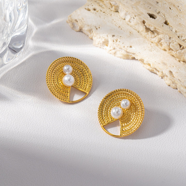 Straw Hat Gold-Plated Double Pearl Earrings