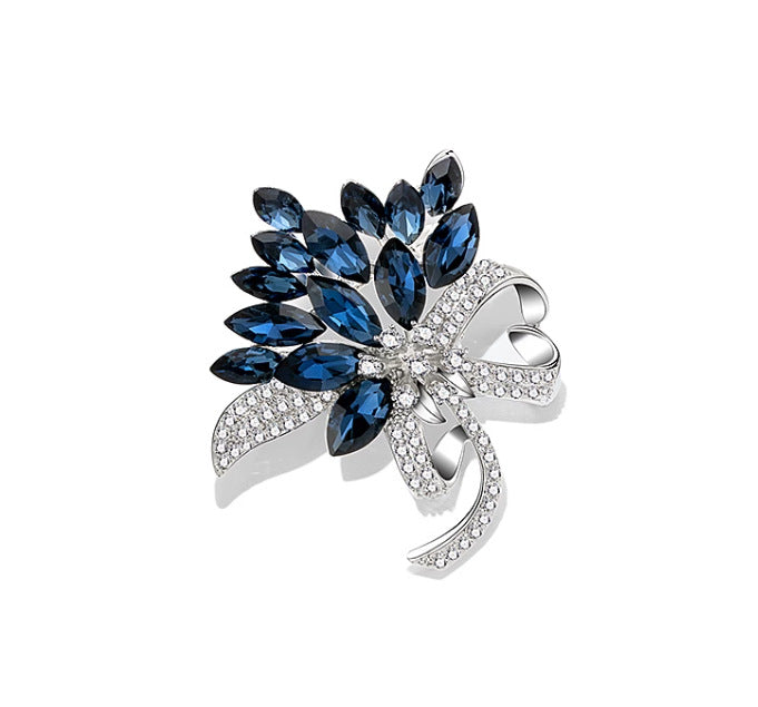 Diamond-Encrusted Blue Flower Brooch