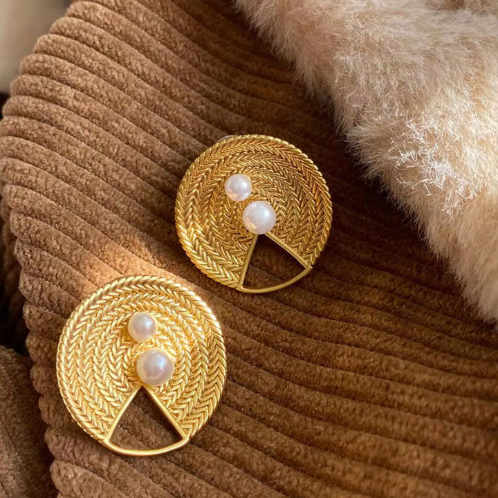 Straw Hat Gold-Plated Double Pearl Earrings