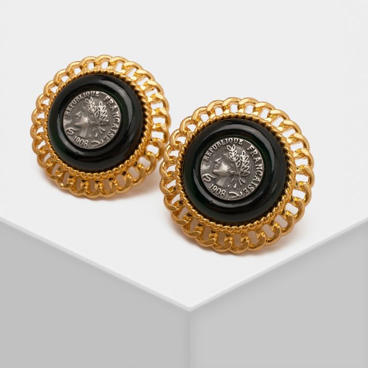 Vintage 1-Inch Black & Golden Designer Style Shank Buttons Earring