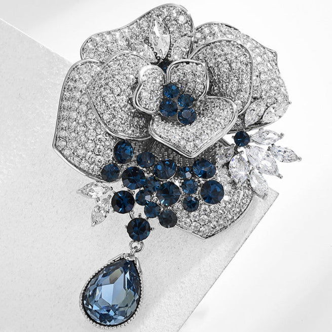Rose Blue Crystal Tassel Brooch