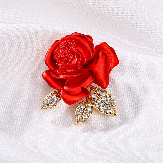 Red Rose Brooch with Pavé Zirconia Leaves