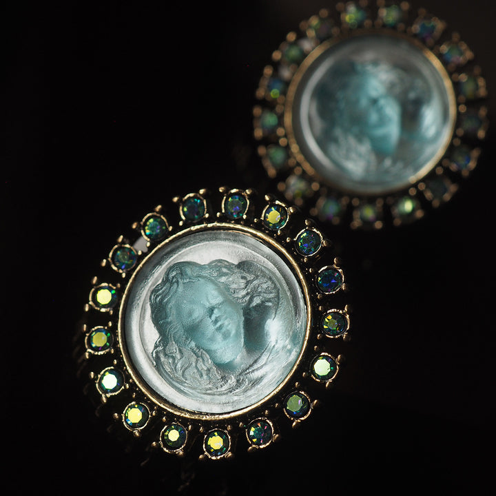 Vintage Cameo Cherub Clip-On Earrings — Aqua Glass & AB Crystal | Voyage Jewelry