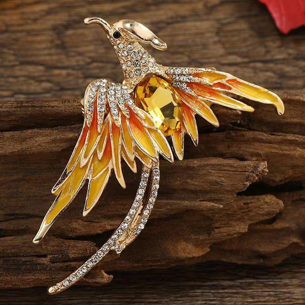 Bejeweled Orange Phoenix Brooch in Alloy