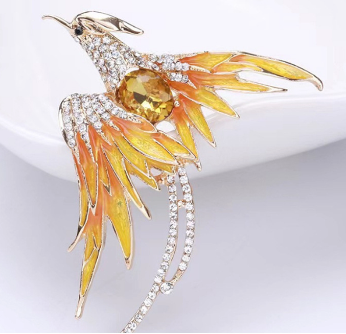 Bejeweled Orange Phoenix Brooch in Alloy