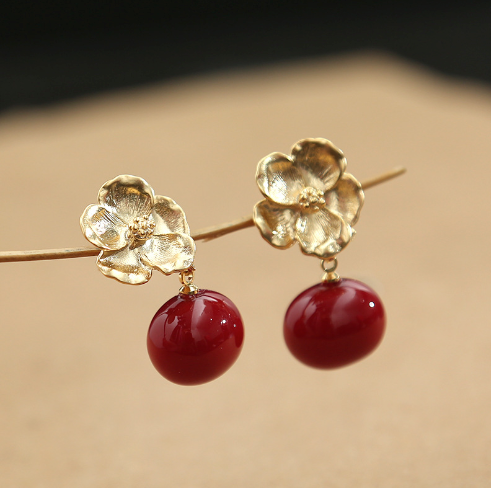 Crimson Carnelian Gold-Plated Flower Earrings