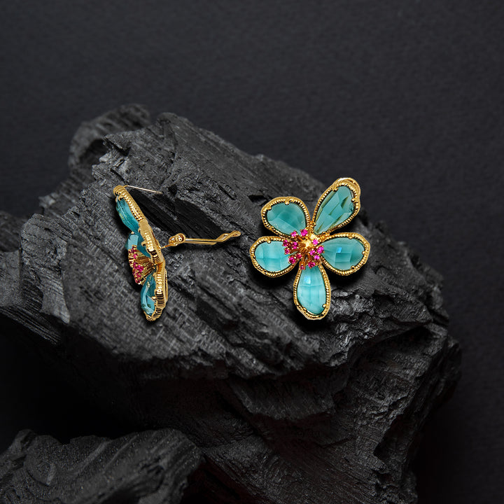 Aqua Blue Floral Statement Earrings | Gold-Tone Brass | Voyage Jewelry