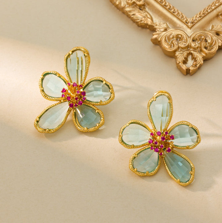 Aqua Blue Floral Statement Earrings | Gold-Tone Brass | Voyage Jewelry