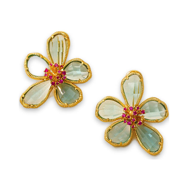 Aqua Blue Floral Statement Earrings | Gold-Tone Brass | Voyage Jewelry