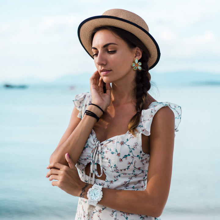 Aqua Blue Floral Statement Earrings | Gold-Tone Brass | Voyage Jewelry