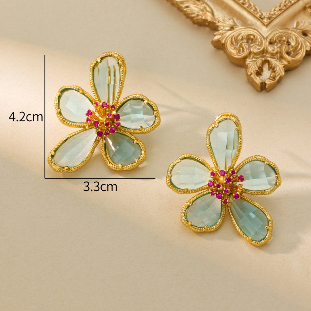 Aqua Blue Floral Statement Earrings | Gold-Tone Brass | Voyage Jewelry