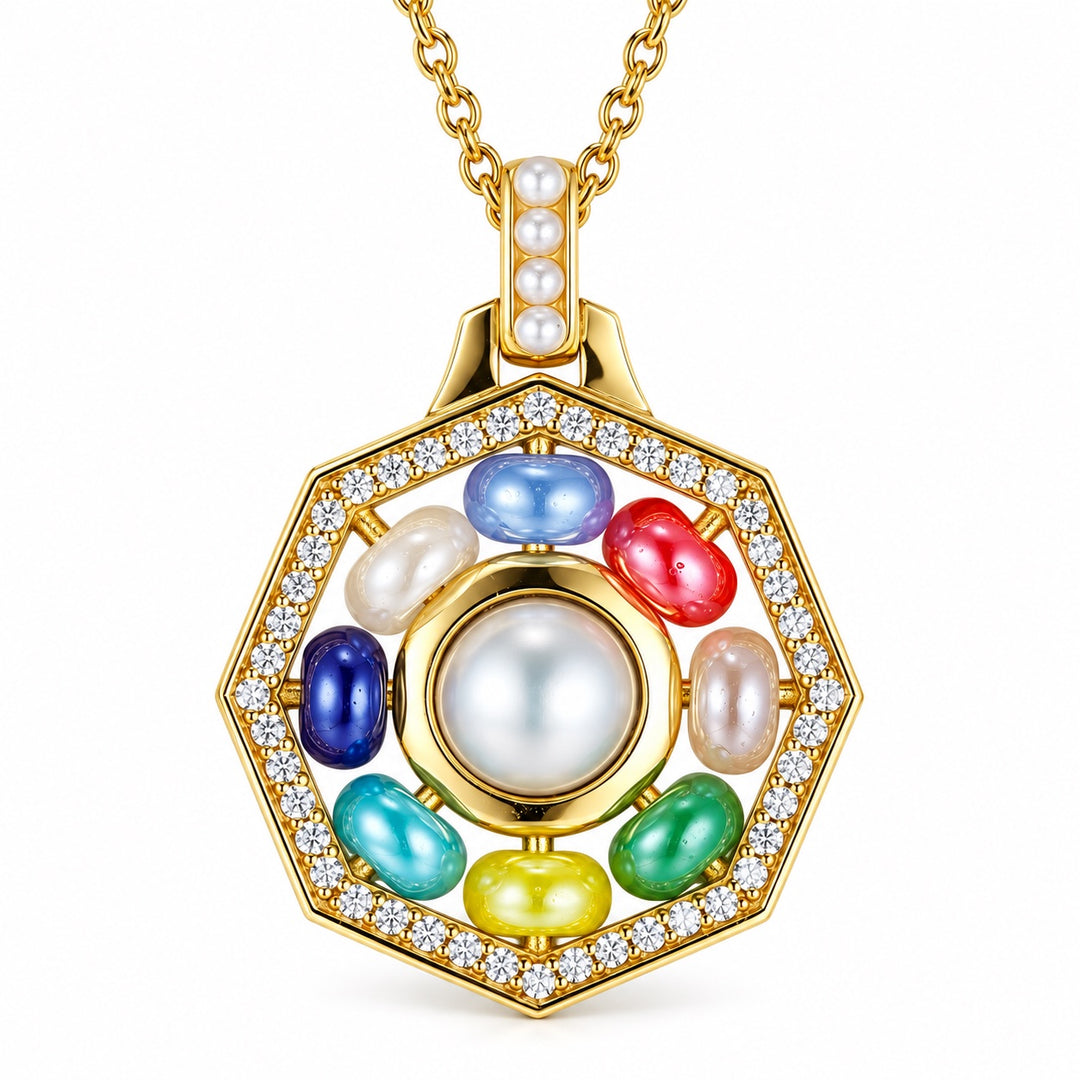 ORA Necklace — octagonal gold-tone pendant with eight coloured glass beads around a central shell pearl