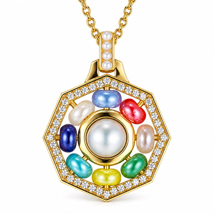 ORA Necklace — octagonal gold-tone pendant with eight coloured glass beads around a central shell pearl