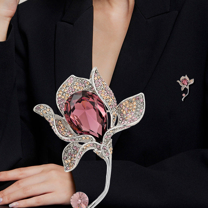 Red Austrian crystal tulip brooch with silver-tone pavé CZ petals