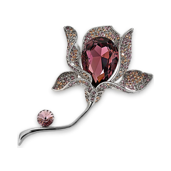Red Austrian crystal tulip brooch with silver-tone pavé CZ petals